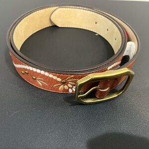 Floral Embroidered Leather Belt with Brass Buckle